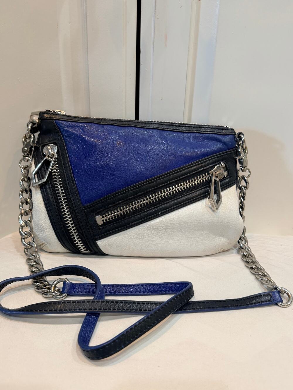 Botkier Blue Black White Colorblock Leather Crossbody Bag Chain Strap Moto